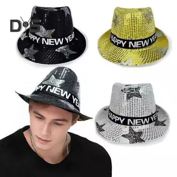 Шляпа с пайетками С Новым годом Джазовая шляпа Винтажная ковбойская вечеринка в клубном стиле Фотореквизит Блестящая фетровая шляпа для взрослых Головной убор для косплея Праздники Карнавал серебряный