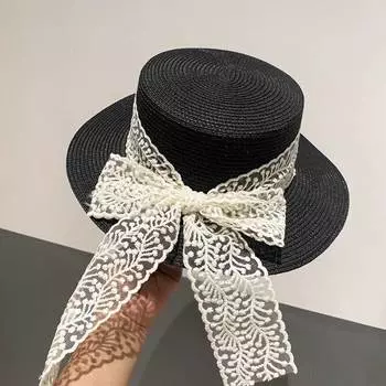 Шляпа с плоским верхом, женская соломенная шляпа с кружевным бантом, корейская версия, повседневная универсальная летняя шляпа от солнца, пляжная шляпа для моря M (56-58cm) lace streamer flat top top hat чёрный