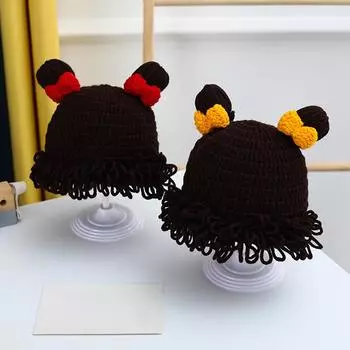 Шляпа сплошного цвета, милая, забавная, с двойным шариком, бантом, осенью и зимой