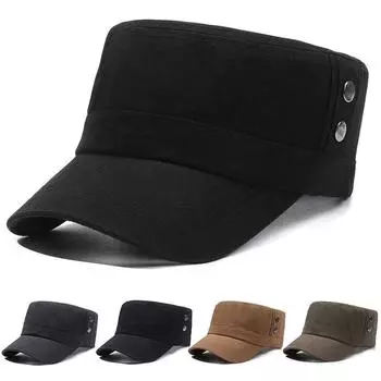 Шляпа среднего возраста Мужская весна-осень Военная кепка Уличная кепка Летняя шляпа от солнца Мужские военные кепки Армейские козырьки Шляпа с плоским цилиндром Учебные кадетские кепки чёрный