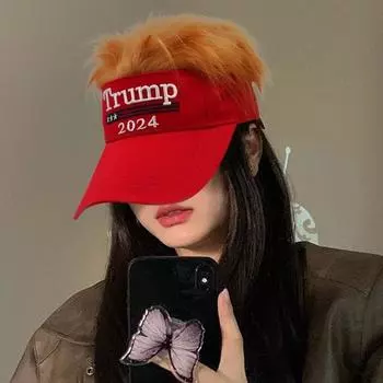 Шляпа Трампа 2024 с волосами, парик «Сохраним Америку снова великой», шляпа с вышитой буквой Трампа, шляпа с американским флагом, регулируемая бейсболка красный