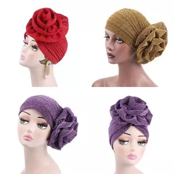 Шляпа-тюрбан Яркий шелковый мусульманский платок Индийская шляпа с большим цветком Шляпа для химиотерапии 58cm красный