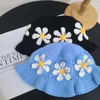 Шляпа в виде цветочного горшка женская милая универсальная шерстяная шапка с изображением лица маленькая шляпа-ведро модная ручная вязка ретро полая чёрный