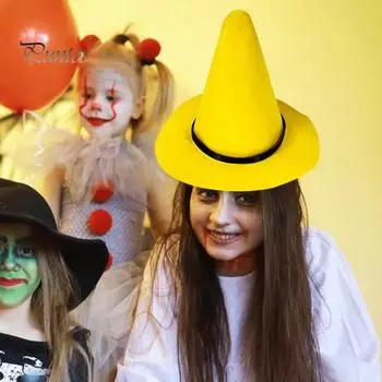 Шляпа ведьмы на Хэллоуин, остроконечная желтая фетровая шляпа волшебника, шляпа с большими полями, нарядная шляпа, аксессуар для косплея, костюм для вечеринки по случаю выпрашивания сладостей M