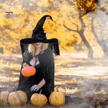 Шляпа ведьмы на Хэллоуин с заостренной кисточкой, декоративная черная, темная, в стиле с большими полями, головной убор для маскарада, карнавала, представления, фото-реквизита чёрный