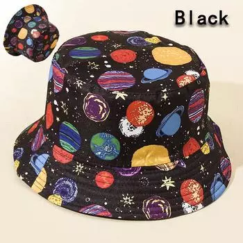 Шляпа-ведро Фестивальная шляпа рыбака с граффити Шляпа Шапка-бини Шляпа с принтом планеты хип-хоп Шляпа-индивидуальность чёрный