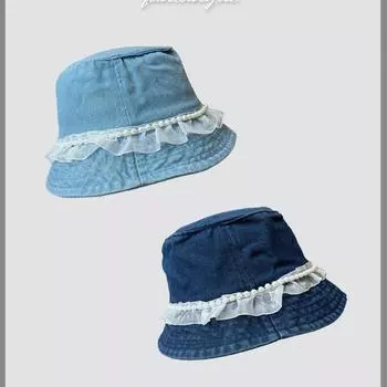 Шляпа-ведро из кружевного жемчуга и денима для женщин, весна и осень, для пожилых людей, маленькая шляпа-ведро для колледжа, нишевая интернет-знаменитость, шляпа-ведро Adjustable джинсовый синий