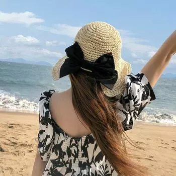 Шляпа-ведро ручной работы с большим бантом по краю, соломенная шляпа, женская летняя универсальная пляжная летняя шляпа от солнца Adjustable хаки