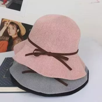 Шляпа-ведро с бантом для улицы, женская соломенная шляпа с маленькими полями, летняя, универсальная, солнцезащитная, весенне-летняя, волнистый край M56-58cm розовый