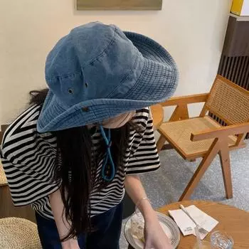 Шляпа-ведро с большими полями из денима, солнцезащитная шляпа с защитой от солнца, ретро-шляпа рыбака для активного отдыха серый