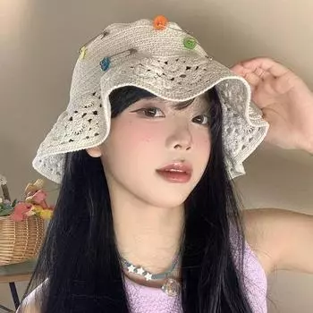 Шляпа-ведро с цветными пуговицами, женская, тонкая, дышащая, этническая, ветровая, большая окружность головы, тканая, полая, вязаная, шерстяная шапка M56-58cm