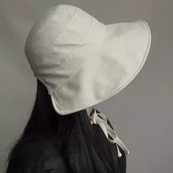 Шляпа-ведро с ремешком из хлопка и льна, летняя, легкая и дышащая шляпа от солнца, корейская версия шляпы-лоли с защитой от ветра, шляпа для лица M56-58cm чёрный