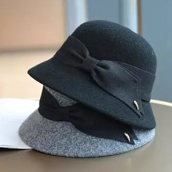 Шляпа-веер, простая темпераментная бантовая шляпа, маленькая стандартная шерстяная шапка-ведро, осенне-зимняя универсальная ретро-элегантная женская шляпа-ведро Adjustable серый