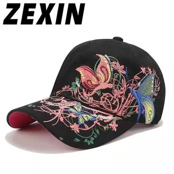 Шляпа ZEXIN, солнцезащитный крем, кепка с утиным языком, бейсболка с бабочкой и цветочной вышивкой, хлопковая дышащая шляпа от солнца 56-60CM чёрный