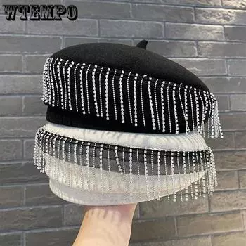 Шляпа женщина со стразами кулон берет британский ретро осень и зима корейский стиль модная дикая восьмиугольная шляпа белый