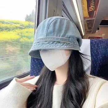 Шляпа женская 2024 новая ретро джинсовая шляпа-ведро весна-лето мода корейский берет лицо маленькая ворсовая шляпа average size (54-60cm) светло-синий