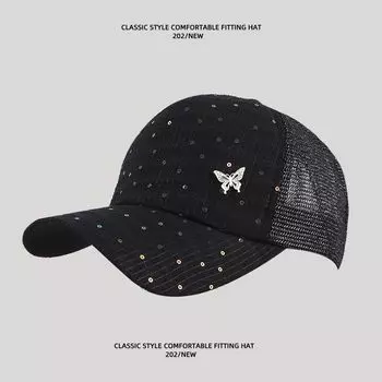 Шляпа Женская 2025 Новинка K-стиль Сетка Блестки Бабочка Бейсболка Все-Сочетающаяся Солнцезащитная Шляпа Маленькая Кепка с Козырьком, Подчеркивающая Лицо Black