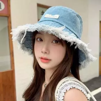 Шляпа, женская джинсовая шляпа с бахромой, шляпа рыбака, шляпа с большими полями One Size чёрный