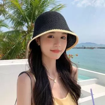 Шляпа Женская Летняя Дышащая С Вырезами Солнцезащитная Шляпа Новое Поступление Модная Универсальная Панама Защита от УФ Лучей Вязаная Панама Knitting basin cap Tweed Style Black