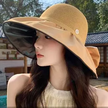Шляпа женская летняя шляпа 2024 года, новая соломенная шляпа-ведро, виниловая, с большим карнизом, козырек от солнца, защита лица от солнца, пляжная шляпа от солнца Average size [55-58cm] чёрный