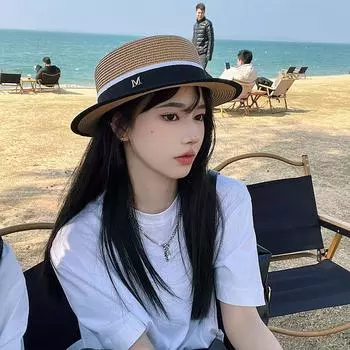 Шляпа женская летняя шляпа для путешествий на пляж, пляжная шляпа, солнцезащитный козырек для защиты от солнца, соломенная шляпа с плоским верхом, британская маленькая свежая шляпа-цилиндр M56-58cm чёрный