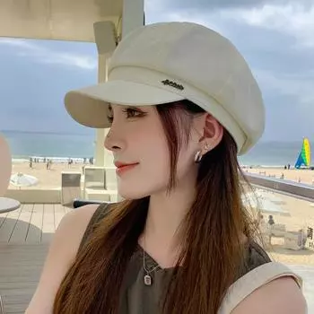 Шляпа женская летняя восьмиугольная шляпа ретро британский стиль кепка с маленьким лицом модная металлическая этикетка газетчик шляпа тонкая Average size