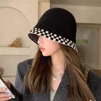 Шляпа женская модная вязаная шапка в шахматную клетку универсальная шерстяная панама шляпа-умывальник average size