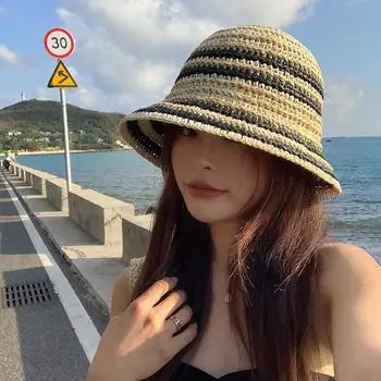 Шляпа женская новинка 2024 года, пляжная соломенная шляпа для отдыха на море, летняя соломенная шляпа-ведро для защиты от солнца, соломенная шляпа-ведро, шляпа-тазик M56-58cm бежевый