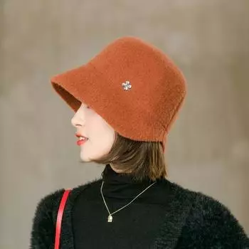 Шляпа женская осенне-зимняя универсальная шапка-тазик теплая шапка знаменитости шерстяные однотонные шляпы рыбака One size чёрный