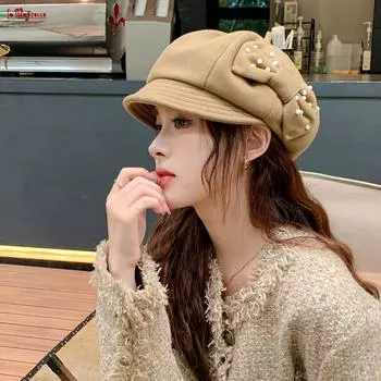 Шляпа женская японская ранняя осень весна и осень тонкая восьмиугольная шляпа универсальная жемчужный бант большая окружность головы маленькая шляпа газетчика One Size