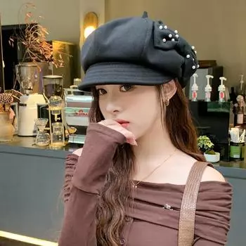 Шляпа женская японская ранняя осенняя тонкая восьмиугольная шляпа универсальная жемчужная бант большая окружность головы показывающая лицо маленькая шляпа газетчика