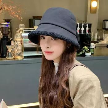 Шляпа женская японская шляпа-ведро из искусственной овечьей шерсти с бантом, утолщенная плюшевая теплая повседневная универсальная шляпа-тазик Tide