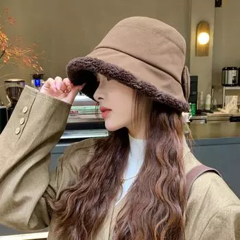 Шляпа женская японская шляпа-ведро из искусственной овечьей шерсти с бантом, утолщенная плюшевая теплая повседневная универсальная шляпа-тазик Tide One Size
