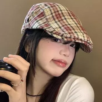Шляпа женская ретро берет универсальная клетчатая шляпа с изображением лица маленькая шляпа художника большая окружность головы шляпа задом наперед