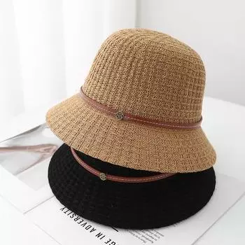 Шляпа женская весенне-летняя вязаная шляпа-ведро купольная дорожная солнцезащитная шляпа с короткими полями соломенная шляпа кожаная веревочная солнцезащитная шляпа от солнца M56-58cm чёрный