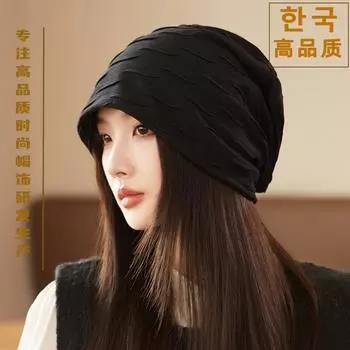 Шляпа женская весенне-осенняя тонкая полосатая плиссированная шапка-пуловер женская уличная шапка-пуловер простая повседневная шляпа Baotou Tide M56-58cm чёрный