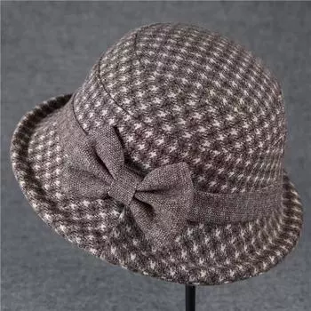 Шляпы-ведра для пожилых людей среднего возраста шерстяная шляпа-тазик толстая теплая шляпа рыбака с закругленными краями бабочка бант шляпа для матери сетчатый узор ретро M56-58cm светло-коричневого