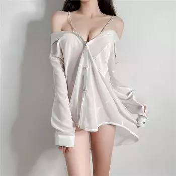SHLYMP Maid Clothes Maid Kanojo Shirt Sexy Cosplay Erotic Extreme Erotic Long Sleeve Open Front Temptation Body Coverage See Through Simple Shirt
