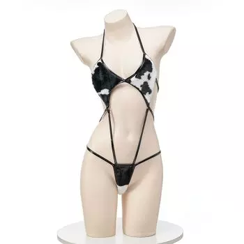 SHLYMP Микро Бикини Молочная Девочка Сексуальный Косплей Эротический Непослушный Сексуальный Экстремальный Купальник Бикини Треугольное Бикини Узор Молочной Коровы Корова Открытый Леотард Горничной Высокий