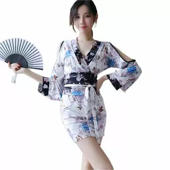 SHLYMP Yukata Sexy Косплей Эротика Чрезвычайно Эротика Oiran Японская Одежда Кимоно Костюм Нижнее Белье Babydoll Пижама Пижамы Открытая Передняя Часть белый