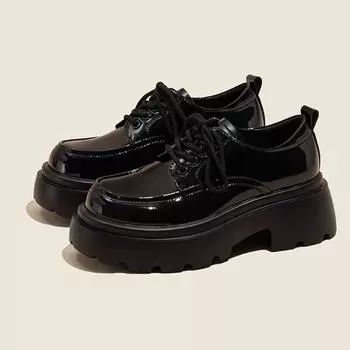 Шнурки для ботинок, Маленькие кожаные туфли, Толстая подошва, Черные туфли на высоком каблуке, Шнурки для увеличения роста, Японская женская обувь с круглым носком 40 чёрный