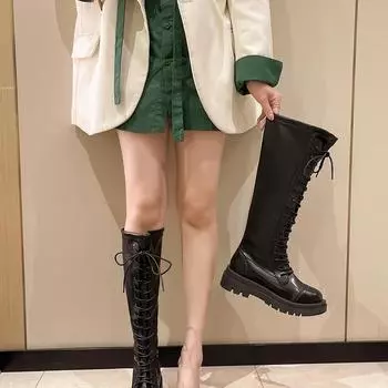Шнуровка год новый но до колена сапоги на толстой подошве рыцарские сапоги белые осенние и зимние тонкие сапоги женская мода 35 чёрный