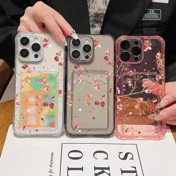 Shockproof Card Slot Soft Silicone Peach Blossom Pattern Case for iPhone 16 15 Pro 14 13 Pro Max 12 11 Transparent Lens Protection Slim Cover iPhone 16 чёрный