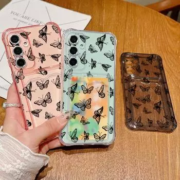 Shockproof Card Slot Soft Silicone Shell for Samsung S24 S22 Ultra Plus S23 S21 S20 Fe A55 A54 A53 A52 A35 A15 Black Butterfly Lens Protection Cover Samsung S24 FE чёрный