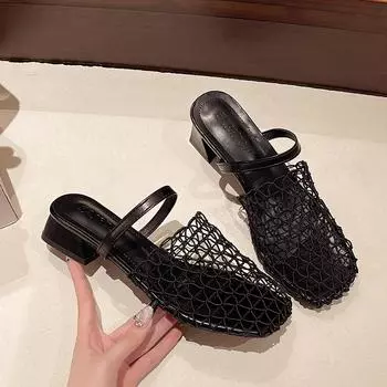 Shoe bag head half slippers women s summer wear new skirt square head sandals fashionable hole shoes women 35