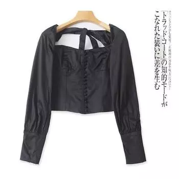 Shoelace Shirt Spring New Arrival Foreign Trade Women s Clothing French Young Adult Breasted Bubble Long Sleeve Short Shirt 27834 Black B- 21-16-4 S