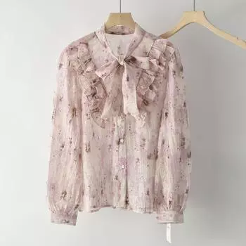 Shoelace Younger Flounce Shirt Women s Spring Stylish Sweet Retro Style Soft Glutinous Loose Outer Chiffon Shirt Pink All yards