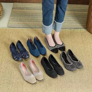Shoes 2025 new color matching non-slip soft-soled single shoes women s square head light mouth knitted shoes 34 чёрный