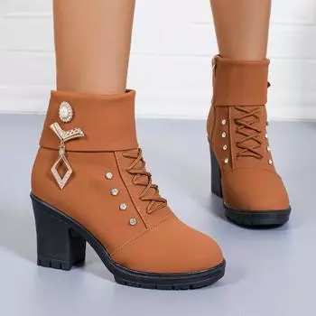 Туфли женские 2024 года женские ботильоны ретро современные ботинки женские металлические украшения шнуровка кристалл толстый каблук боковая молния обувь женские 35 чёрный