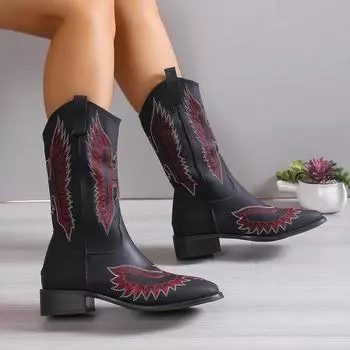 Обувь женская 2024 Высококачественные женские ботинки без застежек Осенние квадратные носки Разноцветные ботинки до середины голени на платформе и толстом каблуке в стиле вестерн 36 бежевый